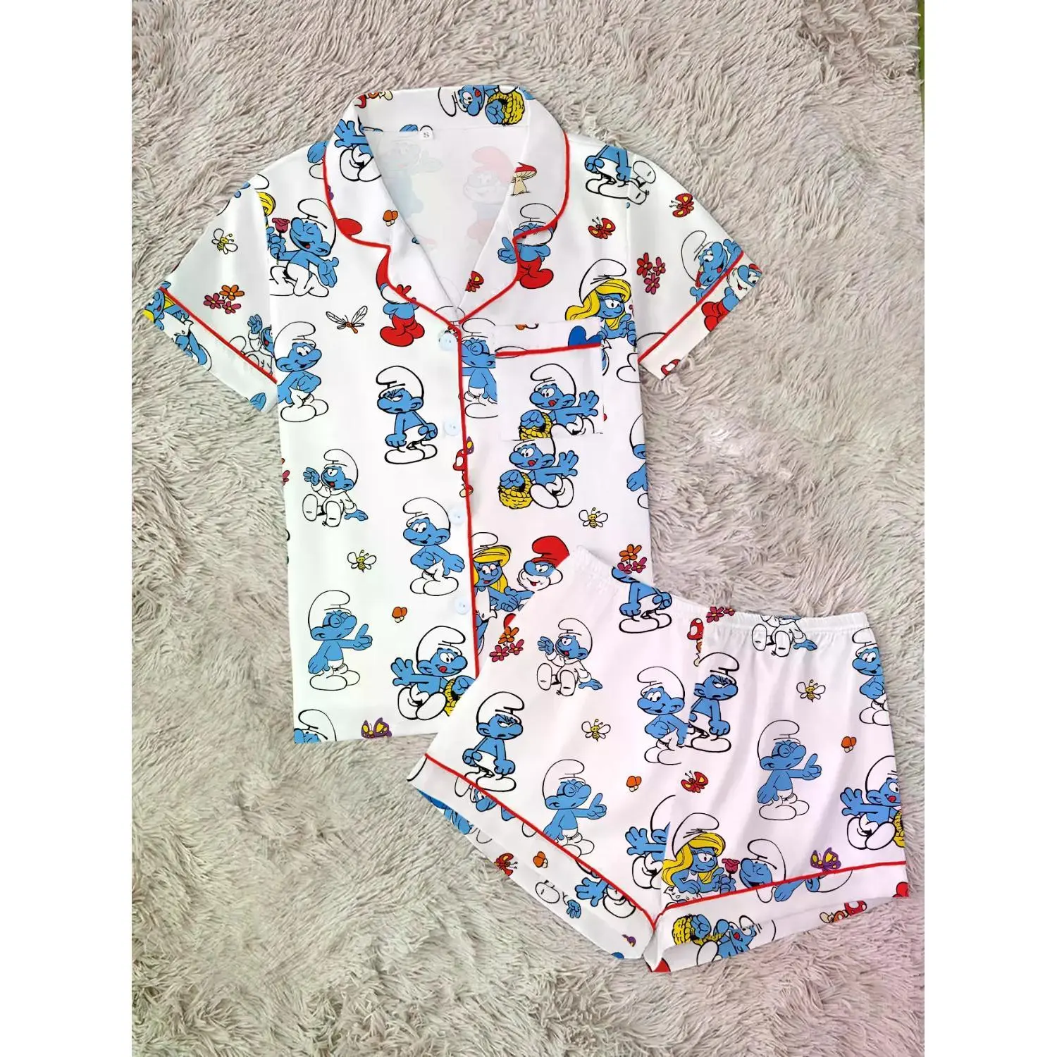 Nostalgic 80s Cartoon Pajama Set | Adorable Blue Elf Graphic Sleepwear | Soft Short Sleeve Button-Down Loungewear with Red Trim | Kidcore Summer Pajamas