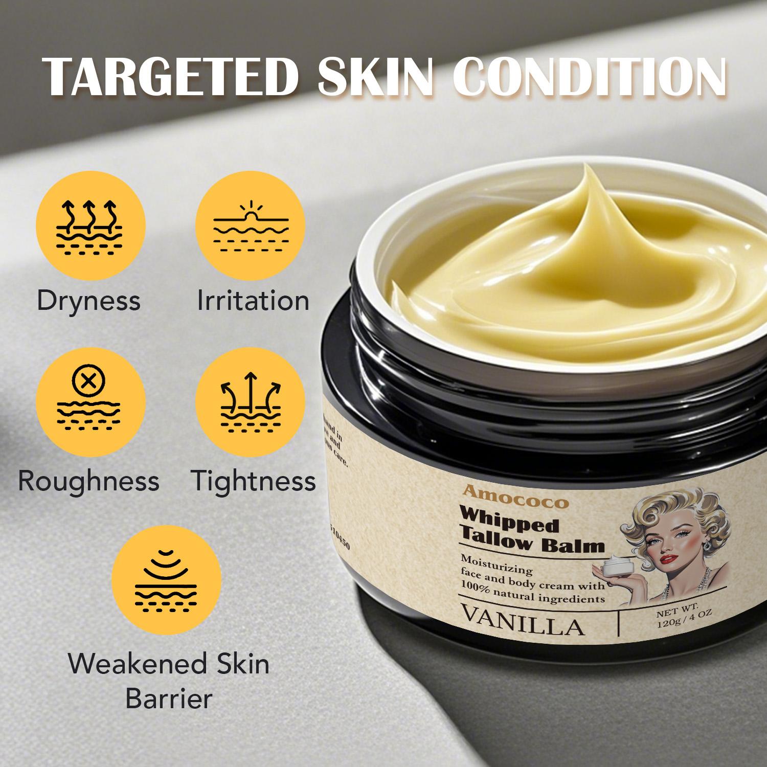 Tallow Cream 100% Natural Moisturizing Face and Body Cream That Soothes, Nourishes, Firms and Hydrates The Skin With Lavender and Vanilla Scents in Vintage Packaging.