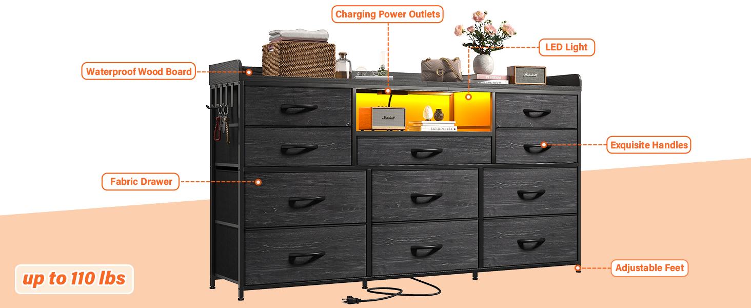 【LaborDaySale】Raybee 11 Drawers Dresser for Bedroom 31'' Height,Sturdy TV Stand with LED & power outlets & 4 hooks Drawerorganizer,Chest of Drawers,Storage Bin Cabinet Furniture