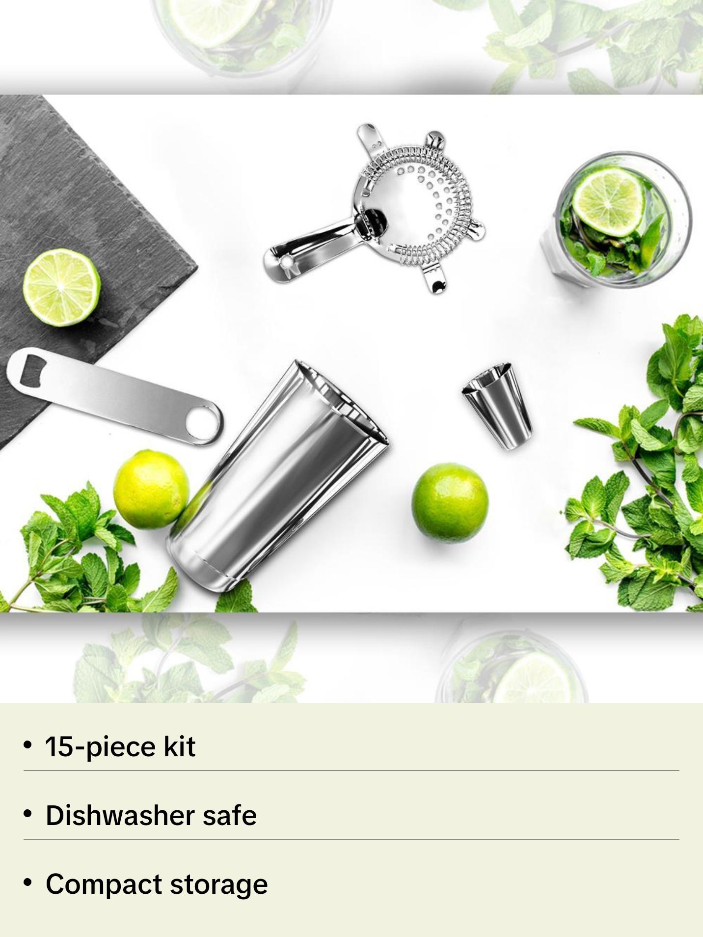 15 Pcs Bartender Set - Drink Mixer with Essential Bar Accessory Tools with Cocktail Shaker Stainless Steel Utensils Reusable
