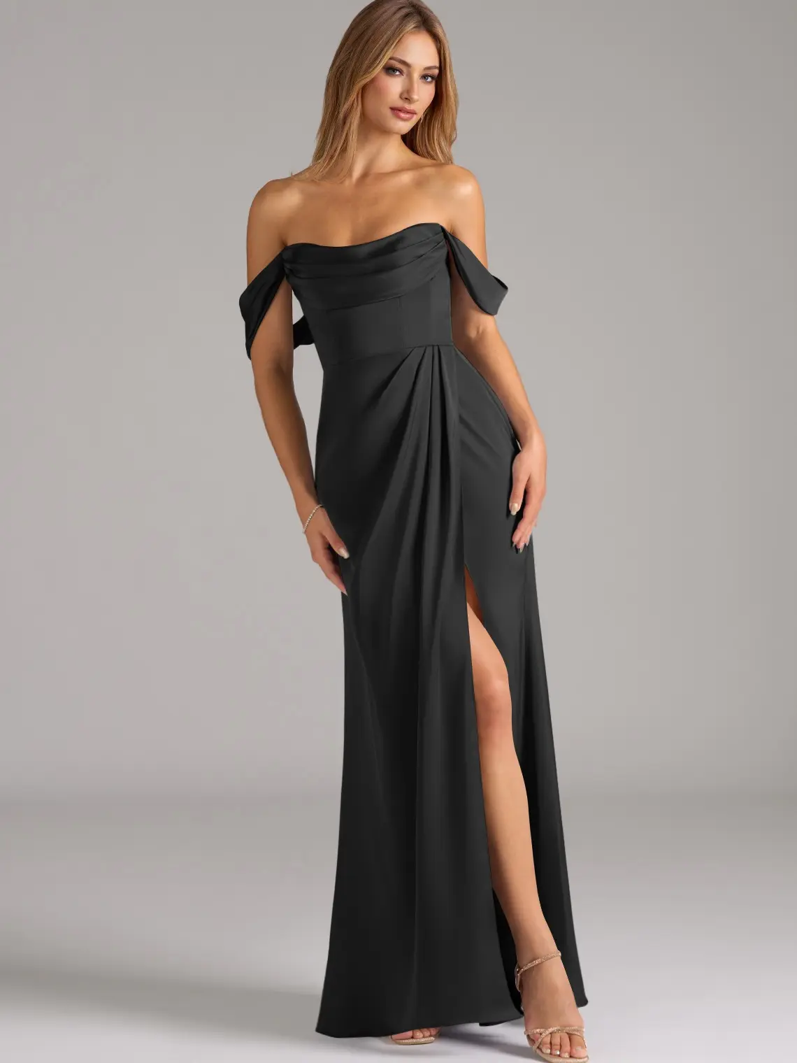 Azazie Johana Mermaid Off-Shoulder Cowl Convertible Leg-Slit Wedding Guest Evening Satin Dress, Women, Sleeveless