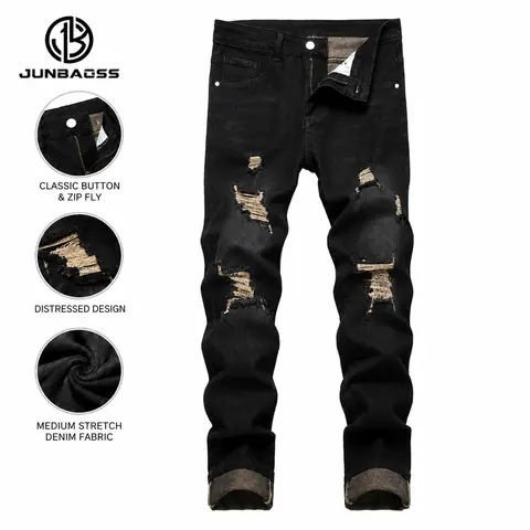 JUNBAOSS Men's Slim Fit Stretch Jeans Colored Ripped Jeans for Men, Casual Fashion Straight Leg Comfort Flex Waist Skinny Denim Pants, Menswear Trouser Streetwear Motocross Jeans with Plain Pockets #SohoChic