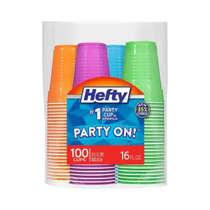 Hefty Party On Disposable Plastic Cups, Assorted, 16 Ounce, 100 Count