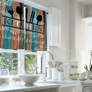2pcs Set of Kitchen Curtains Featuring Kitchenware Designs on a Blue And Brown Background for Home Decor