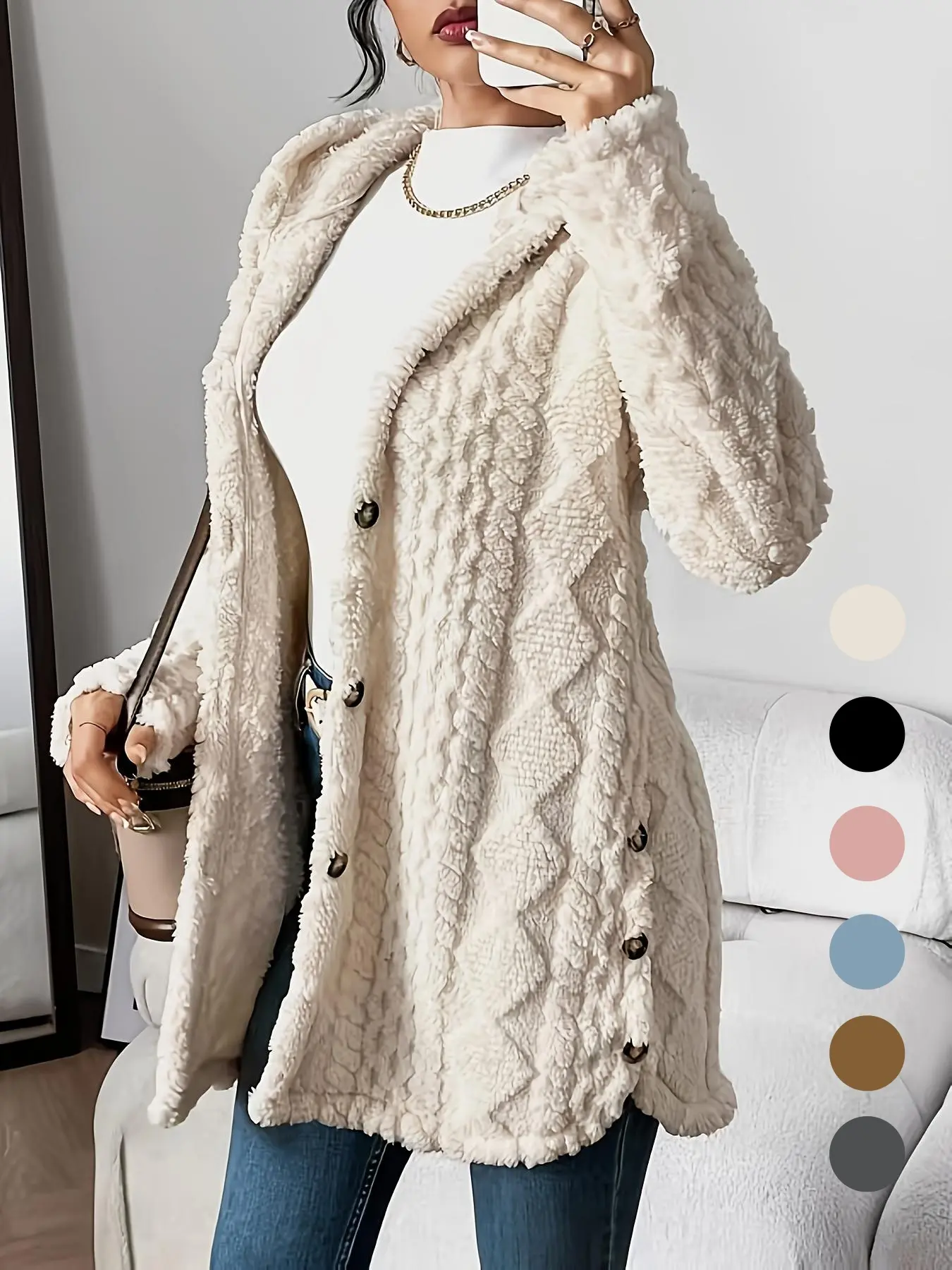 Women's Solid Color Fuzzy Knit Hooded Jacket Coats, Piece, Knitwear Casual Long Sleeve Outerwear for Daily Wear, Ladies Clothes for All Seasons