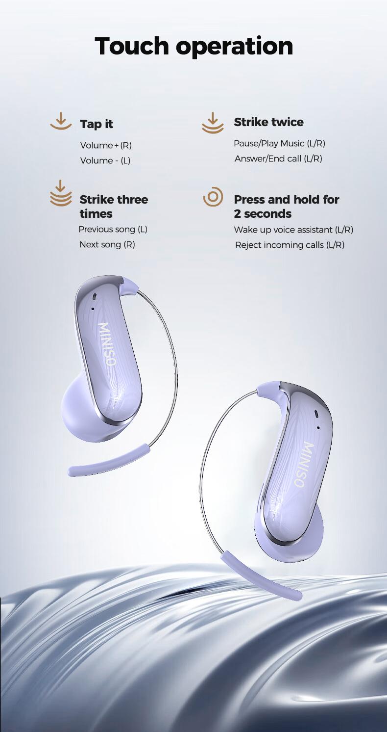 MINISO MS210 Wireless Earbuds Bluetooth Headphones, Zero-Gravity Titanium Ear-Hook Design, 145H Playtime, IPX5 Waterproof, Noise Isolation, Ideal for Travel & Gifts