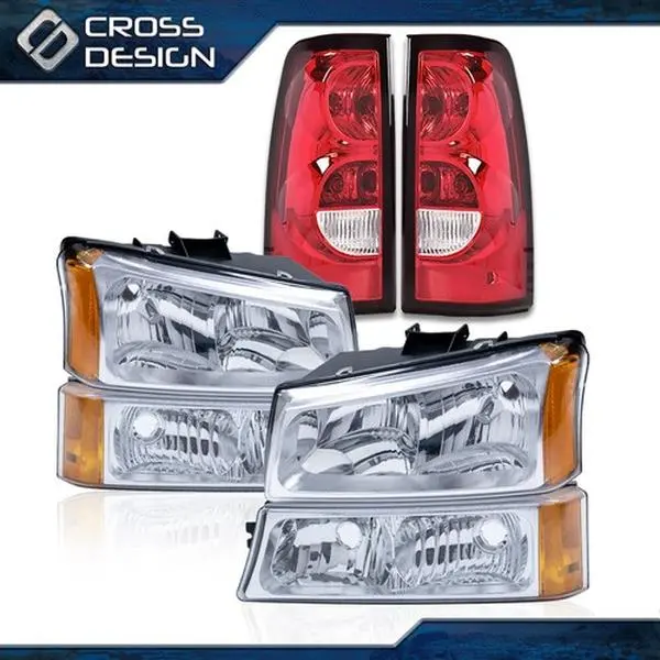CROSSDESIGN Automotive Car Light Bolt-On Set for 03-06 Chevy Silverado Chevy Trucks - Chrome Finish Headlamps, Signal Bumper Lamps, Tail Lamps, OE Fitment, Plug-and-Play Exterior Upgrade Accessories, 03-06 Models, Replacement, Tail Lights