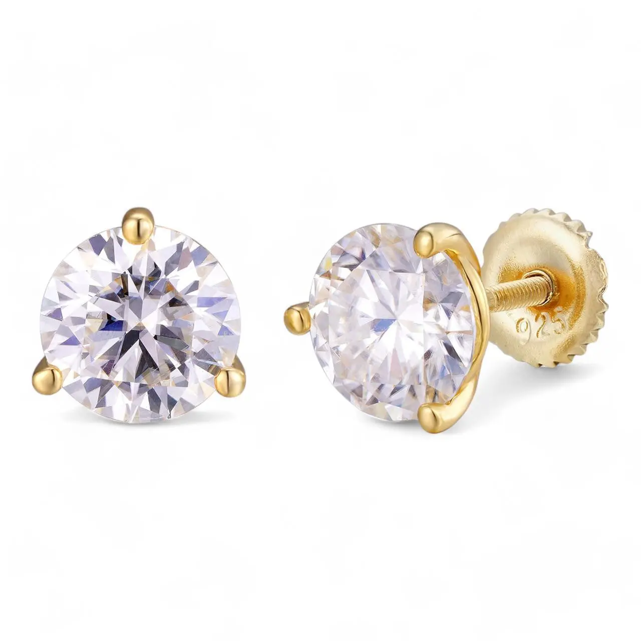 MOISSANITE Martini 3-Prong Solitaire Stud Earrings - 14k Gold Vermeil 925 Silver - 3mm-10mm - 0.2-8ct