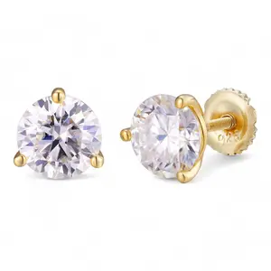 MOISSANITE Martini 3-Prong Solitaire Stud Earrings - 14k Gold Vermeil 925 Silver - 3mm-10mm - 0.2-8ct