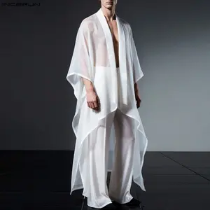 INCERUN Men's Summer [Boho/Vacation] [Cardigan/Kimono] Sheer Mesh Long Robe Open Front Beach Cover Up