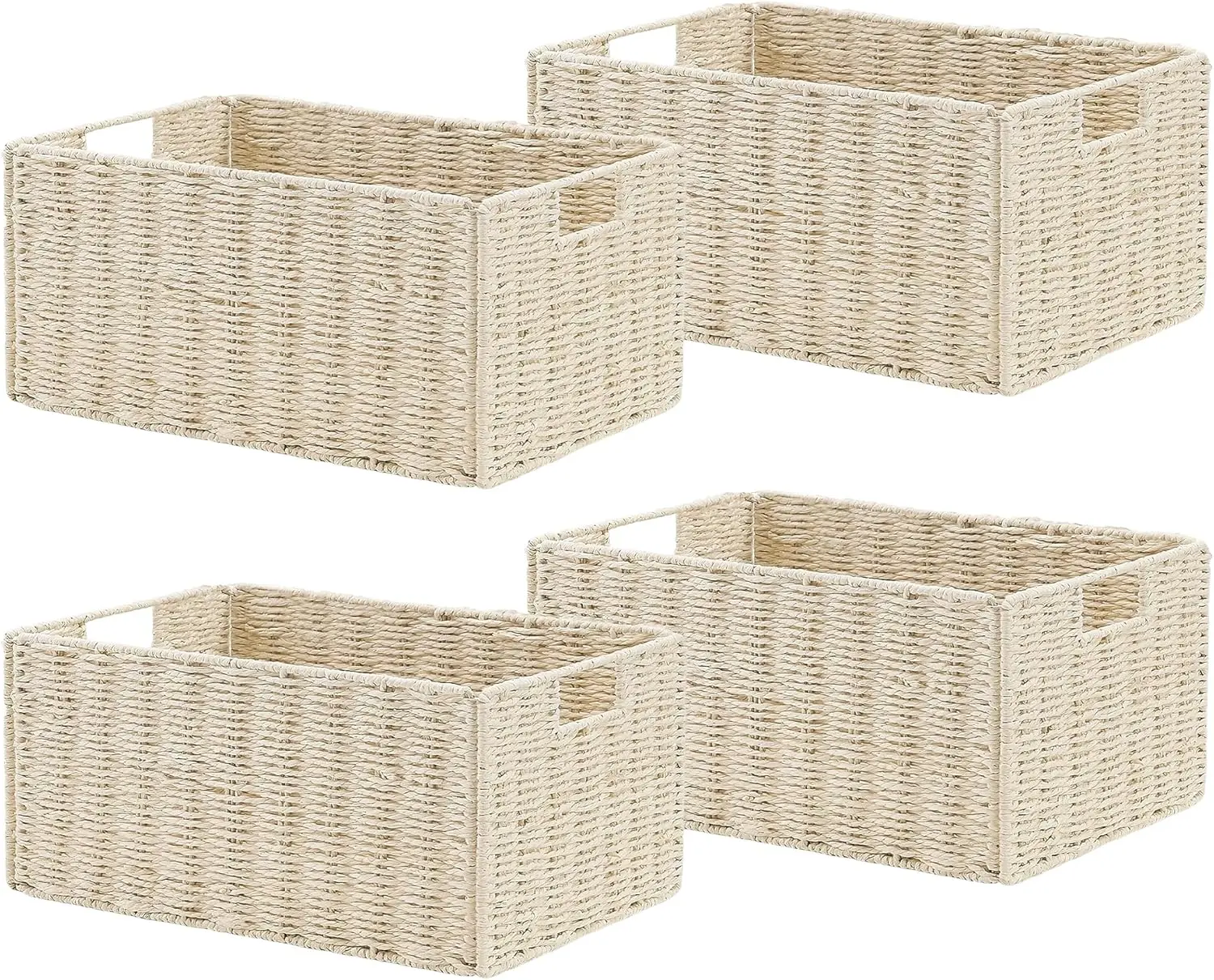 4-Piece Beige Woven Storage Baskets - Collapsible Paper Rope Organizer Bins with Handles, Farmhouse Toilet & Bedroom Storage Organizer, Basket for Bathroom Shelf Home Organization