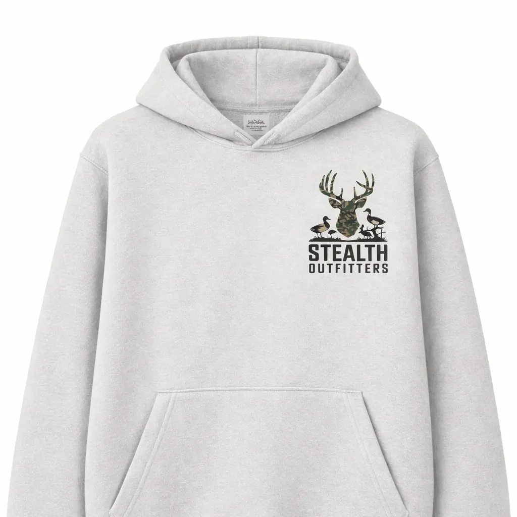 Stealth Outfitters, Buck and barn logo on Grey Hoodie Sweatshirt