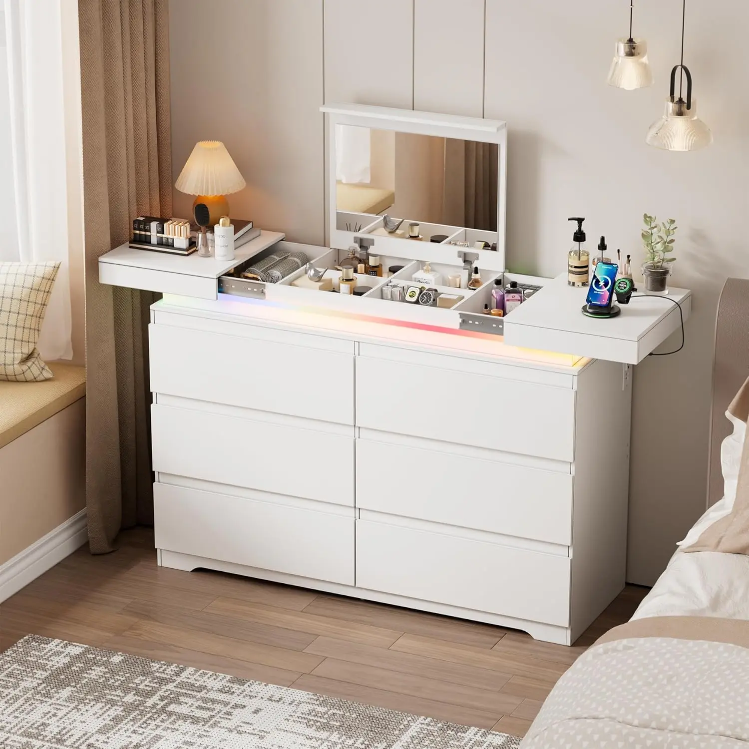 Dresser with Mirror for Bedroom,Modern 6 Drawers Dresser with Charging Station & LED Lights, Large Storage Wide Chest of Drawers with Sliding Desktop for Hallway,Living Room,White