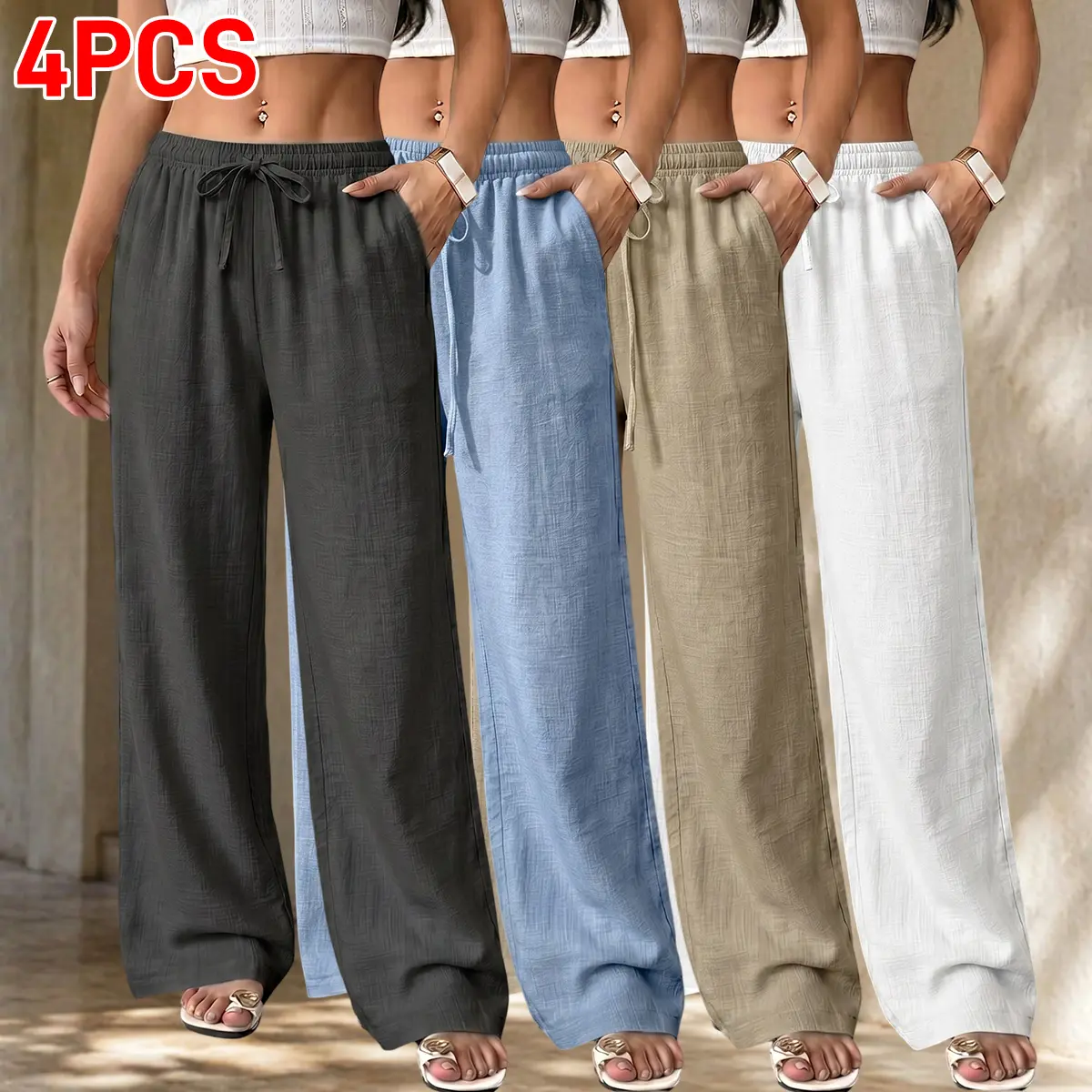 4PCS women’s loose long pants made from woven polyester fiber, solid color straight design, equipped with a drawstring and pockets, suitable for everyday outings and outdoor activities.