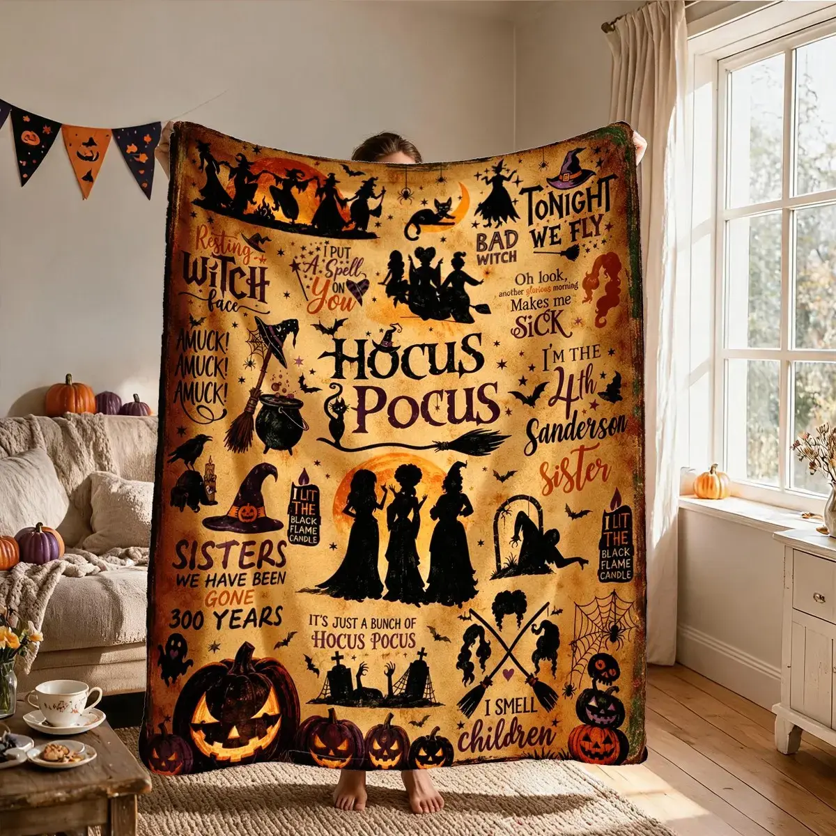 Vintage Witch Silhouette Flannel Blanket, Large Size, Soft and Lightweight, Perfect for All Seasons, Ideal for Bed, Sofa, Office, Camping, Travel
