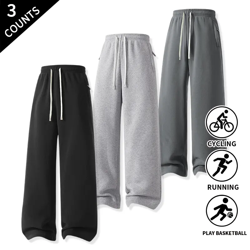 3-Pack Solid Color Drawstring Sweatpants for Men – Soft, Comfortable Casual Joggers with Side Zipper Pockets