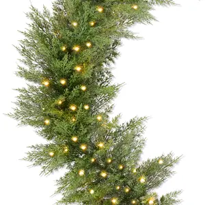Pre-Lit Cedar Cypress Christmas Garland w/ Twinkling LEDs, Realistic Indoor Holiday Decor for Door, Mantle, Battery
