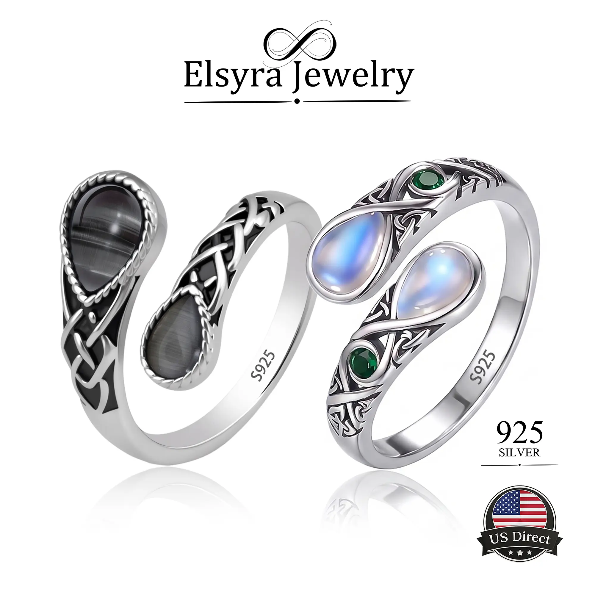 ELSIRA S925 Sterling Silver Adjustable Celtic Knot Open Thumb Ring - Artificial Multi-Stone Option: Elegant Rainbow Moonstone or Cat’s Eye, Unisex Unique Daily Jewelry Gift, Women's Auspicious Birthday Statement Ring