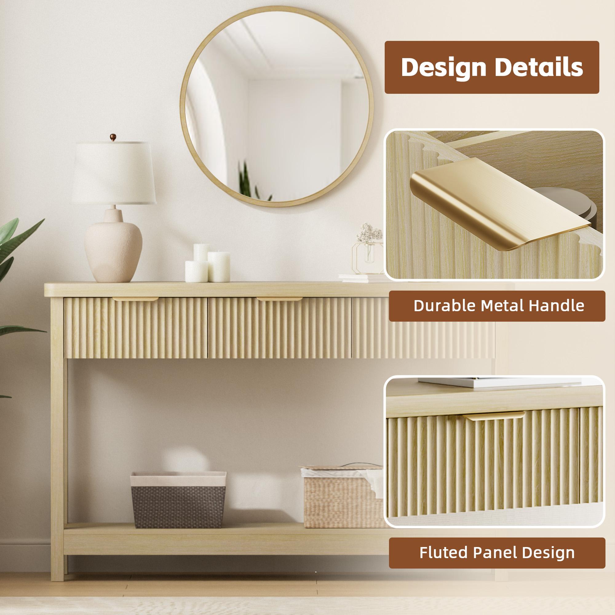 Aowos 51"Fluted Console Table with Storage, Entryway Table Sofa Table with 3 Drawers and Open Shelf, Modern Narrow Display Shelf for Hallway Living Room