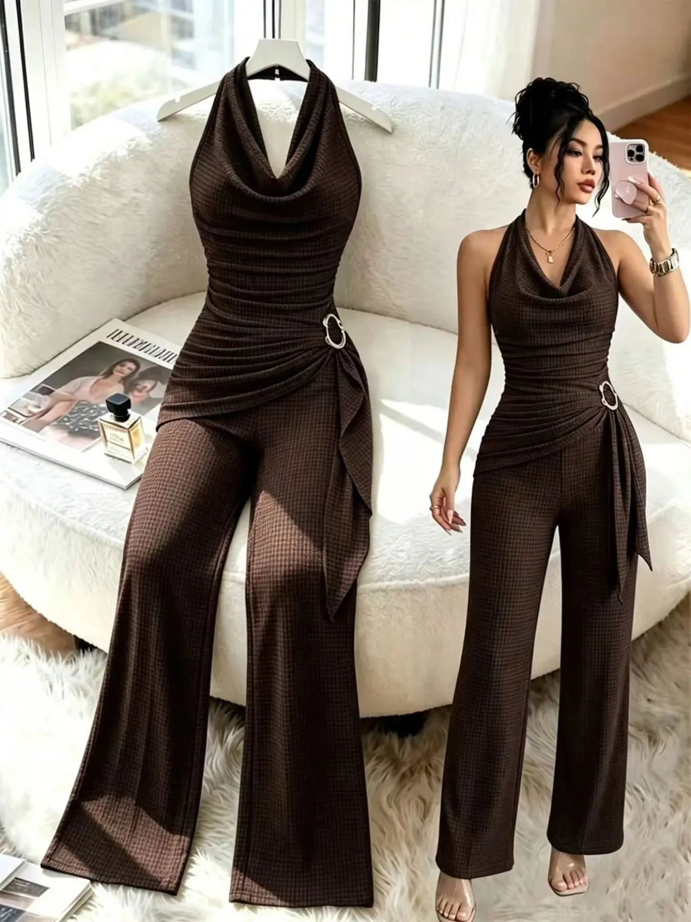 Elegant Halter Neck Sleeveless Romper, High Waist Pleated Wide Leg Pants, Slimming Straight Leg Long Pants, Versatile for Daily/office/party Wear