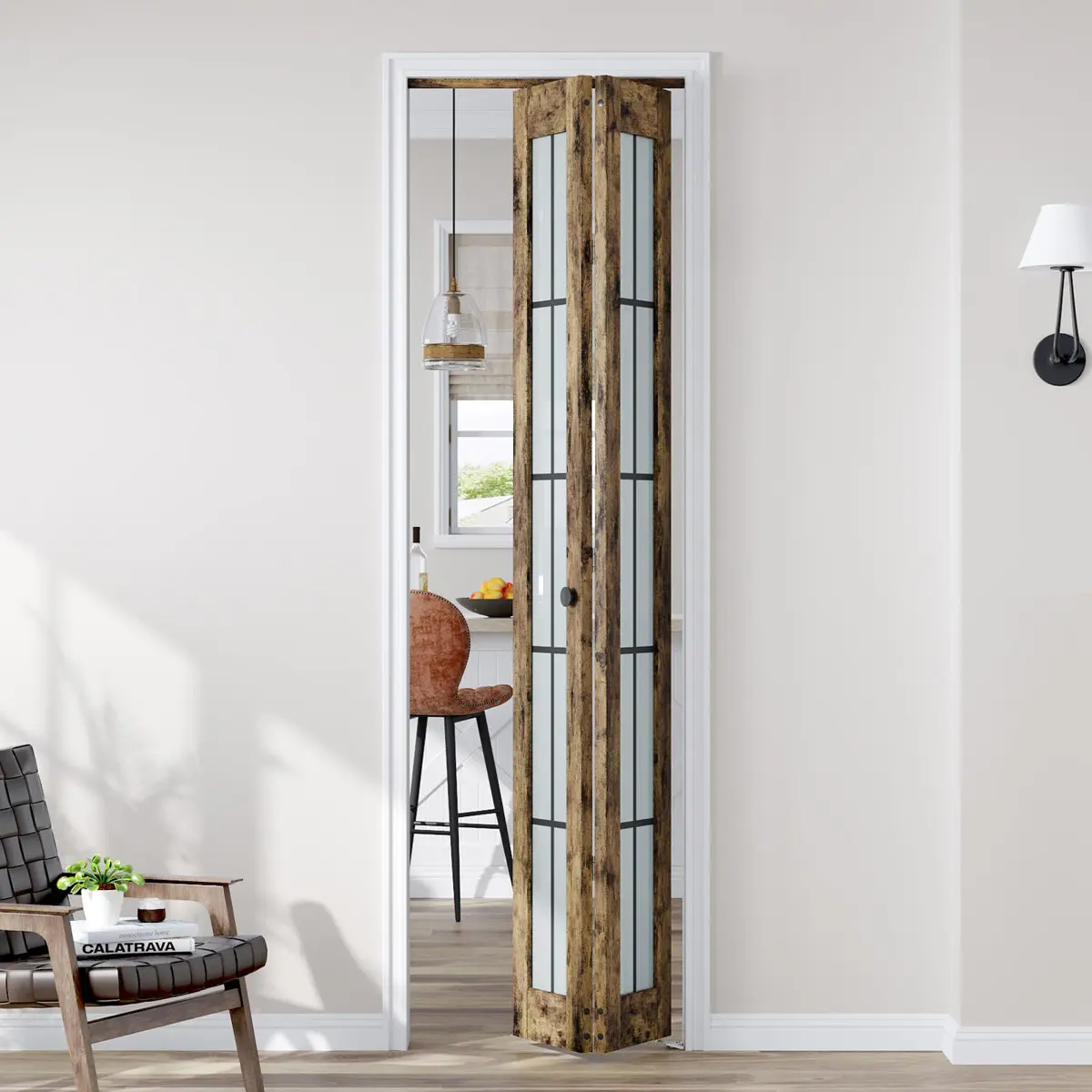 EASELIFE Dual Panel Folding Door Interior - Decorative Glass & Alloy Door with Scratch-Resist PVC, Manufactured Wood & Installation Hardware Kit, Folding Doors Interior
