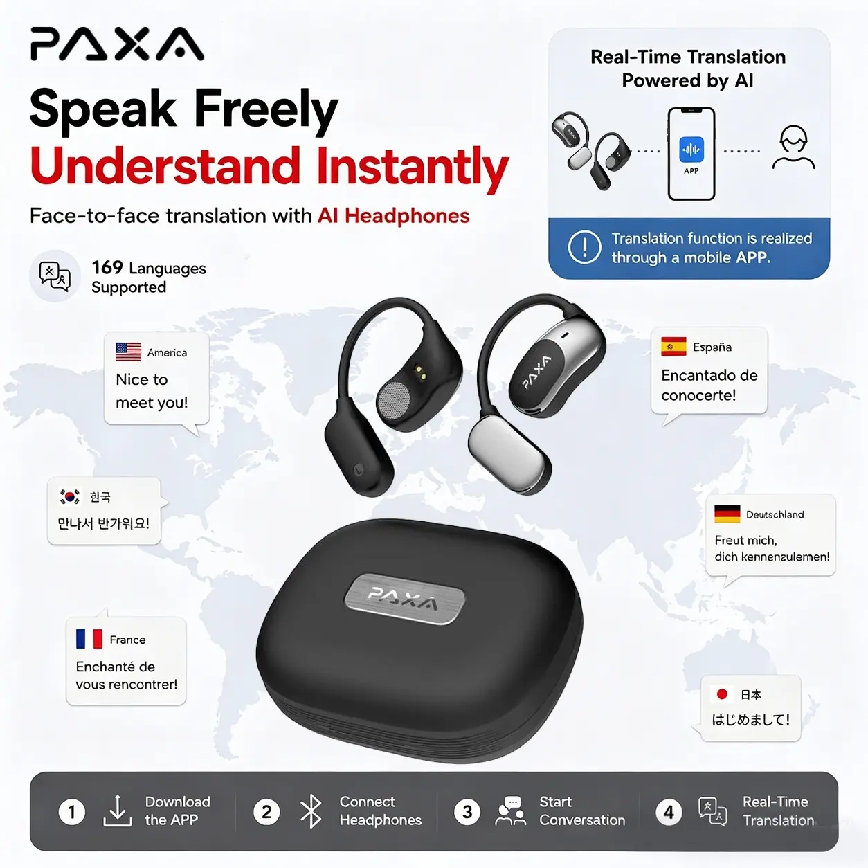 PAXA KC09 with Built-in 169-Language Translation Wireless Headphones with Electroplated Ear Hook Design – Comfortable, Great Sound, Bluetooth 5.4 Flash Connection, Wireless Earbuds for Music and Calls