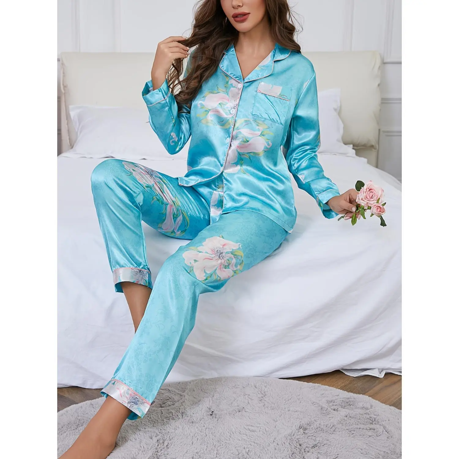 Mint Green Lily Print Satin Pajama Set, Women's Collared Long Sleeve Two-Piece Loungewear, Vintage Elegant Style Spring/Autumn Homewear