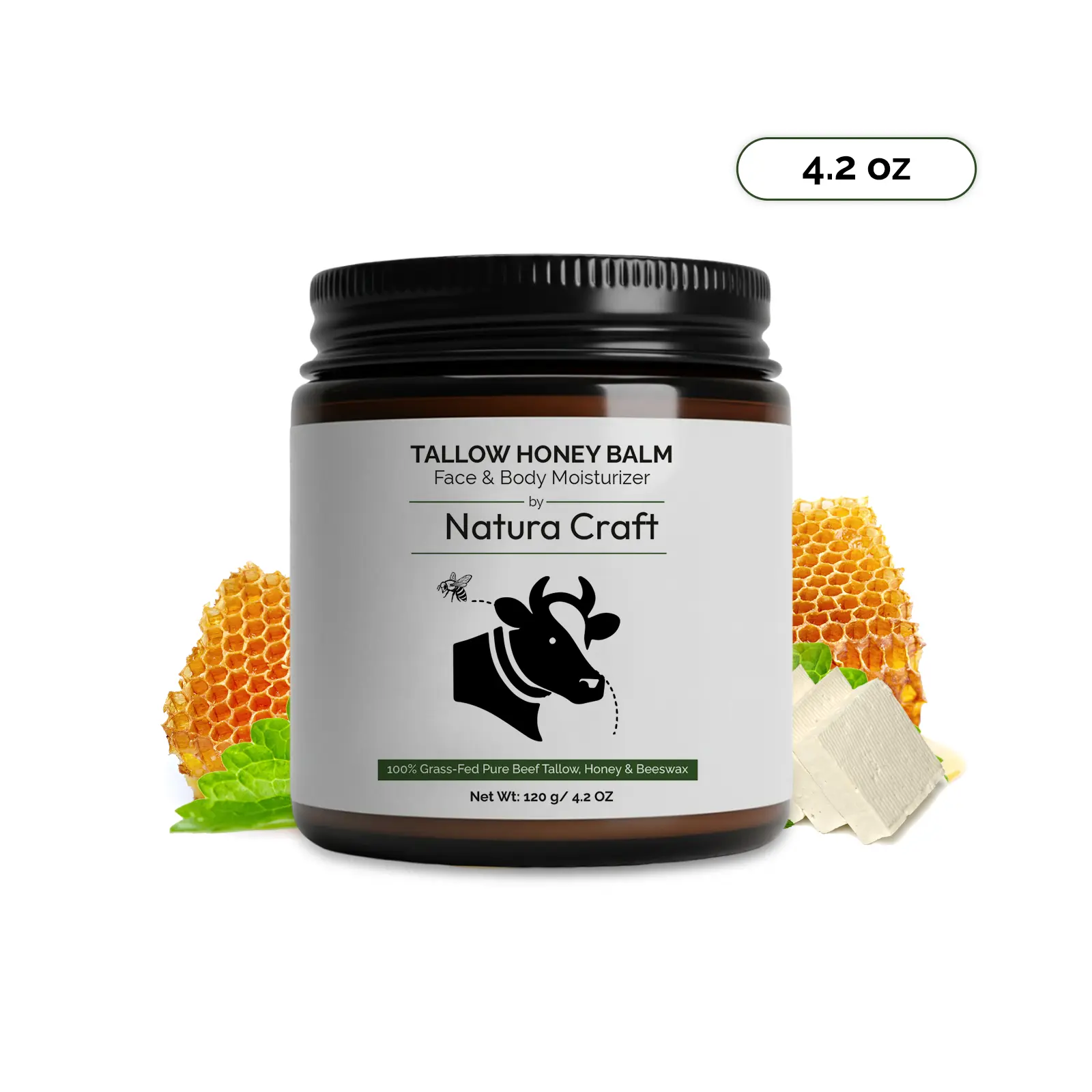 Organic Grass-Fed Beef Tallow Honey Balm with Beeswax - 4.2 oz Moisturizing Face & Body Cream for Sensitive & All Skin Types, Skin Repair, Hydration, All Natural, Unscented, Contains Neither Harmful Additives