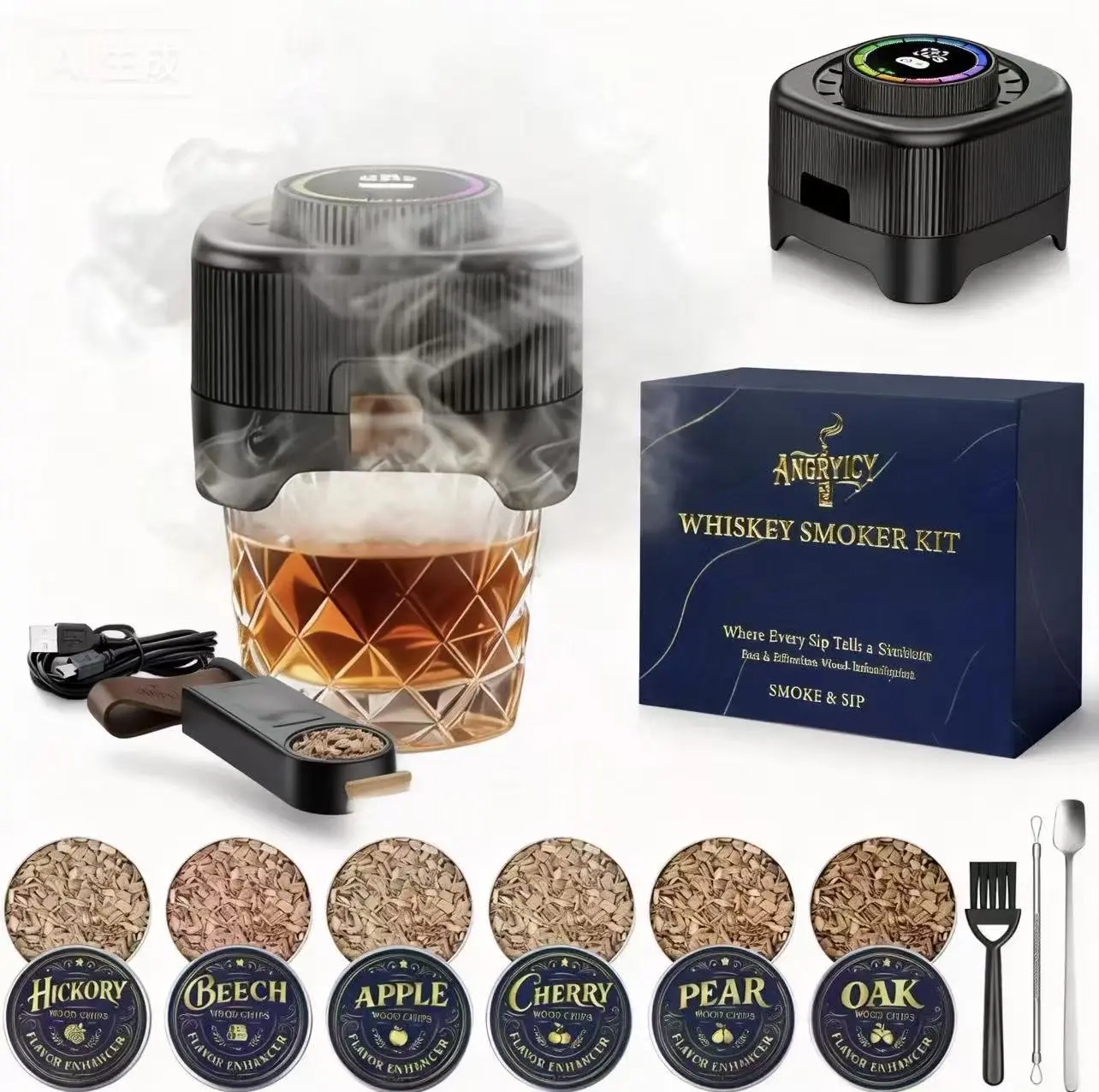 ANGRYICY 2026 New Electric Whiskey Smoker Kit - Kitchen & Bar Utensil, Comes with a Torch & 6 Wood Chips, Infuse Rich Smoky Flavors for Bourbon, Old Fashioned & Cocktails, Gift for Husband (Birthdays, Father's Day)