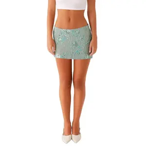 Women Sequin Short Skirt Beaded Flower Low Rise Mini Bodycon Skirt Trendy Summer Streetwear