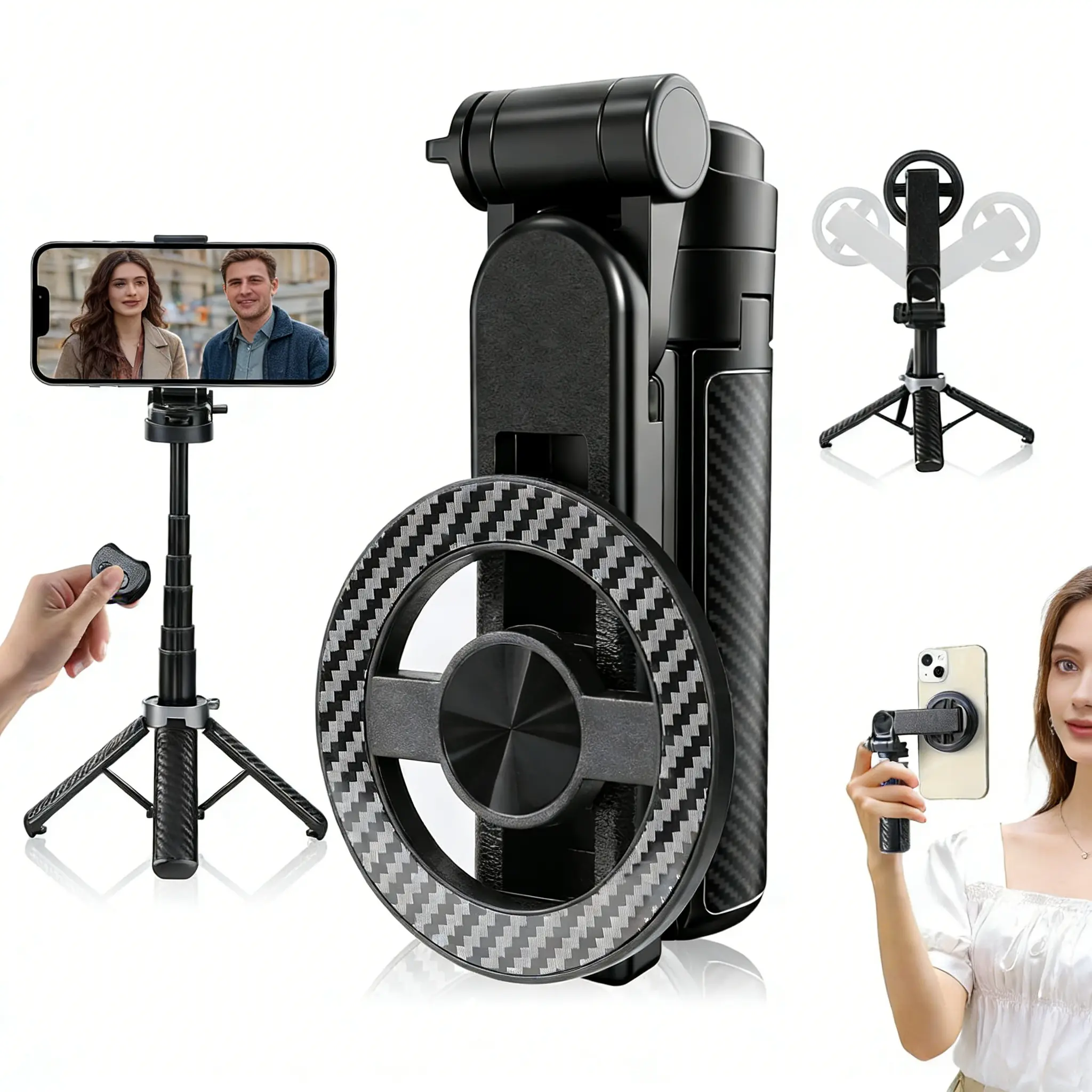 Upgrated 4-in-1 Magnetic Selfie Stick with Remote for Cell Phone 360° Rotation.Can Transforms into Mini Tripod/Camera Grip/Handheld Stabilizer/Phone Stand.Extend to 25 inches