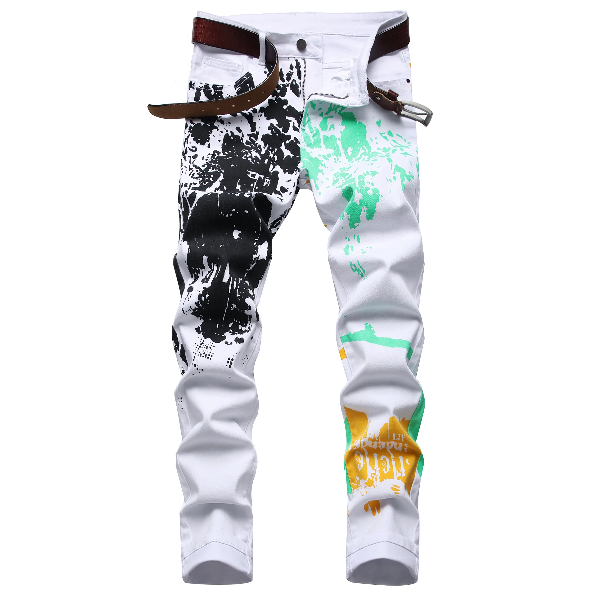 Men’s printed denim casual long pants — allover print, cool print design, stretchy slim fit