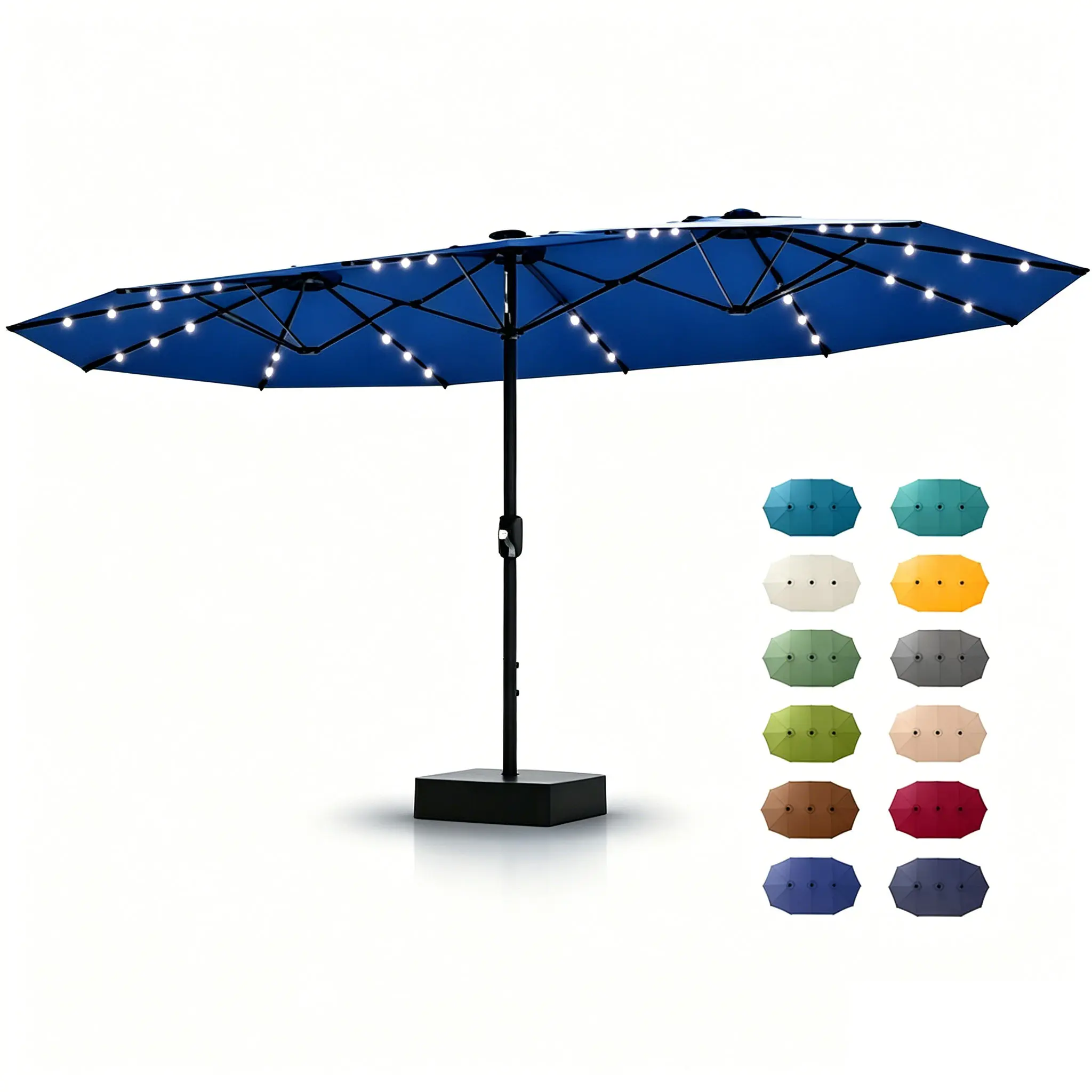 [SummerVibes] Garvee 15ft Large Outdoor Patio Umbrella with Base – LED Light Option, Double-Sided, Crank Handle, Waterproof, Comes with Weighted Base and Sandbag, Accommodates 10 People, Great for Poolside, Garden, Lawn, Backyard, Deck and Beach