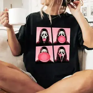 Ghostface Bubble Pink Gum Halloween Shirt, Scream Movie Halloween Shirt Top Womenswear country concert outfits vintage graphic tees Ghostface Summerween Comfort Shirt halloween  crewnecks top Black Casual country concert outfits cotton  on Large size