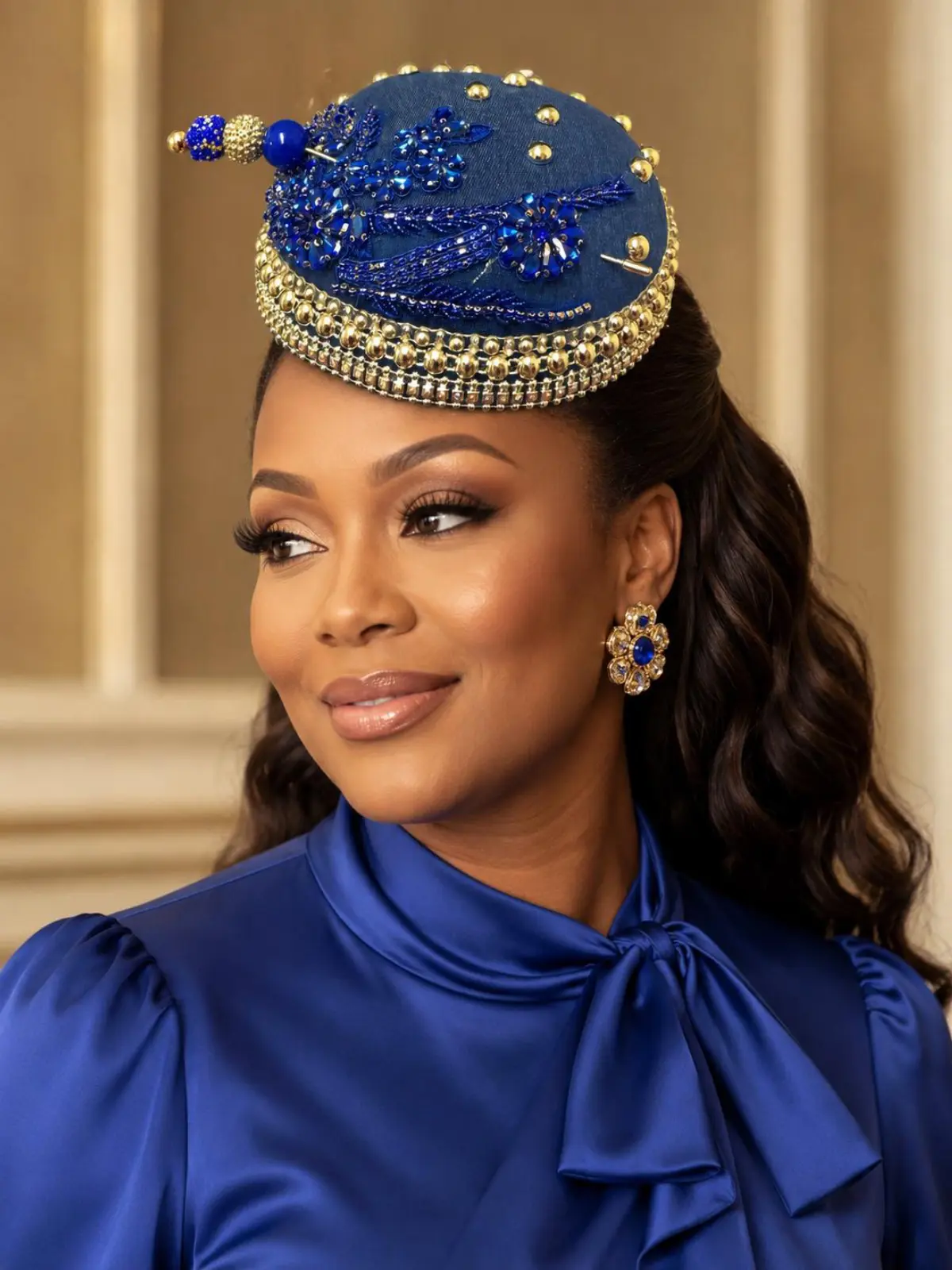 Royal Blue Jean and silver Beaded Fascinator Hat with Silver Trim – Elegant Women’s Church Hat for Weddings, Derby & Special Occasions