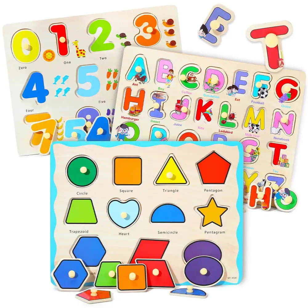 GRINNIE Wooden Montessori Toddler Puzzles for 3 4 5 Years Old, 3 Pcs (Number, Letter, Shape) Kids Preschool Educational Peg Puzzle Set