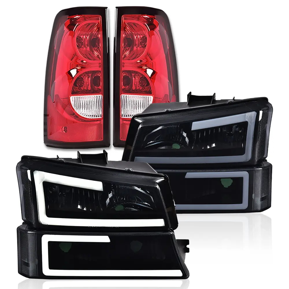 NEW Smoked Tinted LED DRL Headlights, Bumper Lights & Tail Light Assembly Upgrade Kit Fit For 03-06 Chevy Silverado Custom Truck, Car Front Rear LED Lamp Parts