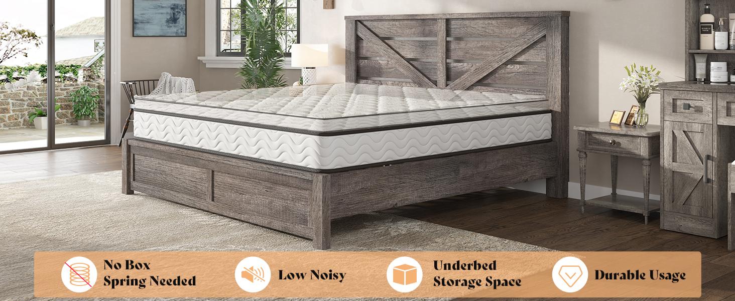 AMERLIFE  Farmhouse Bed Frame with 49.2" Barn Door Headboard, Platform Bed Frame with Wood Slats, Under Bed Storage Space, Noisy Free, Easy Assembly/Best Gift Ideas/Christmas Gifts