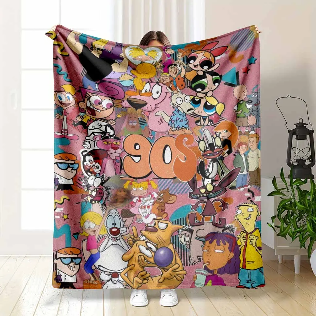 90s Nostalgic Cartoon Character Collage Pattern Flannel Fleece Blanket, Wrinkle Resistant Ultra-Soft Lightweight Plush Warm Throw (30*40inch Small for Babies, 50*60inch Medium for Teens, 60*80inch Large for Adults) for Bedroom, Home Decor, Birthday Gifts,