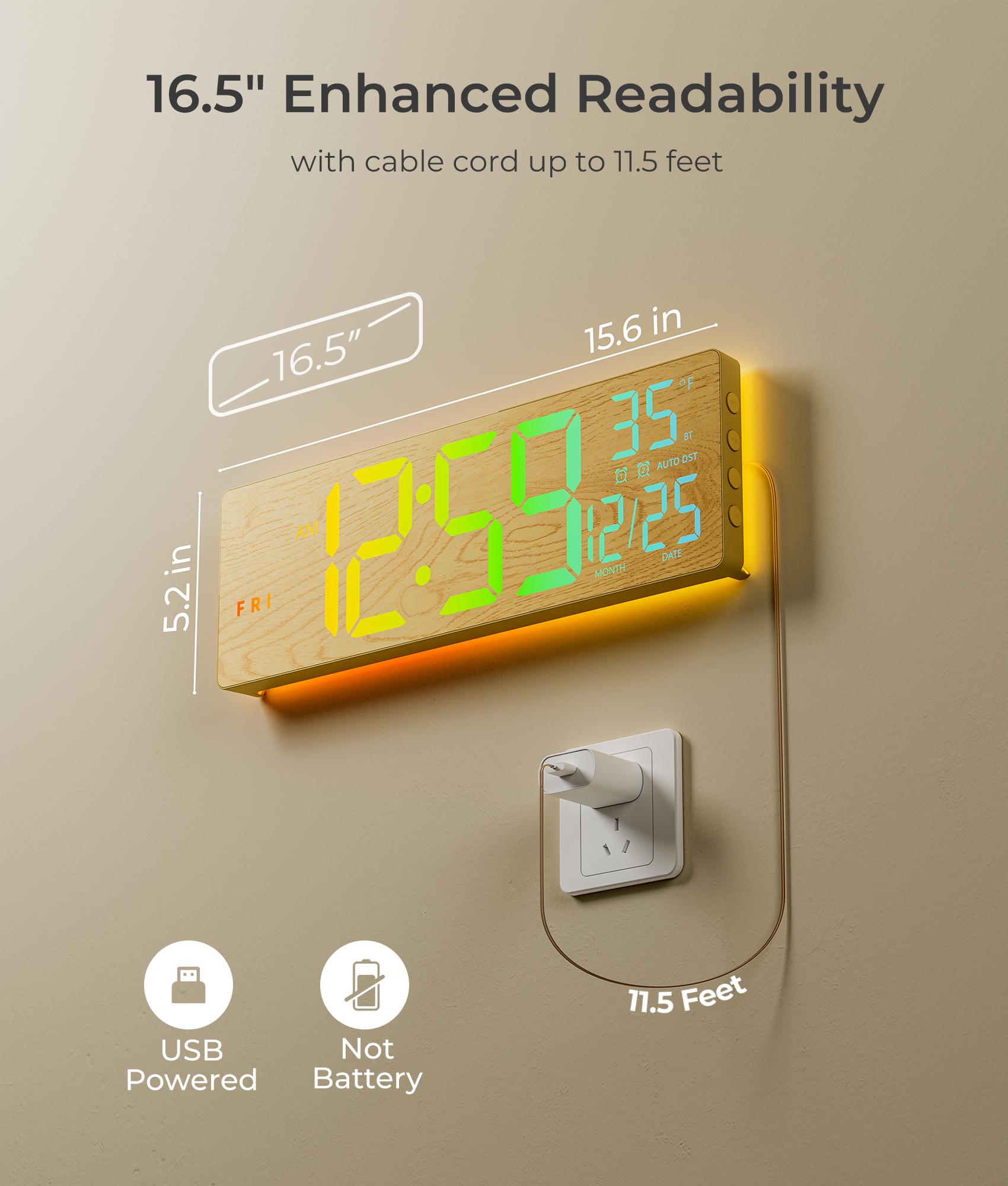 EASYERA Large Wood Grain Digital Wall Clock 16.5" & 12" with Remote Control RGB Atmosphere Lights 11 Scenes Dual Alarms LED Display for Livingroom Classroom Office Game EASYERA Large Wood Grain Digital Wall Clock 16.5" & 12" with Remote Control RGB Atmosphere Lights 11 Scenes Dual Alarms LED Display for Livingroom Classroom Office Game