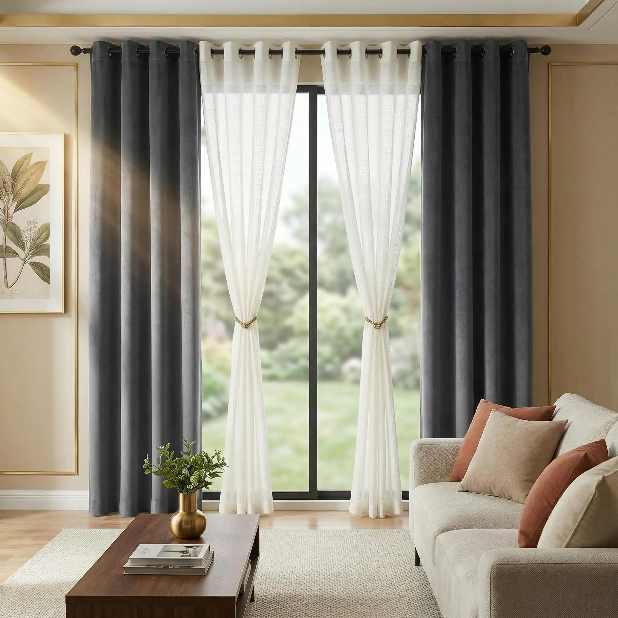 4 Pcs 52x84 inch Grommet Top Curtain Set, 2 Pieces Dutch Velvet Curtains & 2 Pieces Bamboo Gauze Yarn Curtains, Mixed Fabric Window Drapes for Home Decoration FT2608 L12