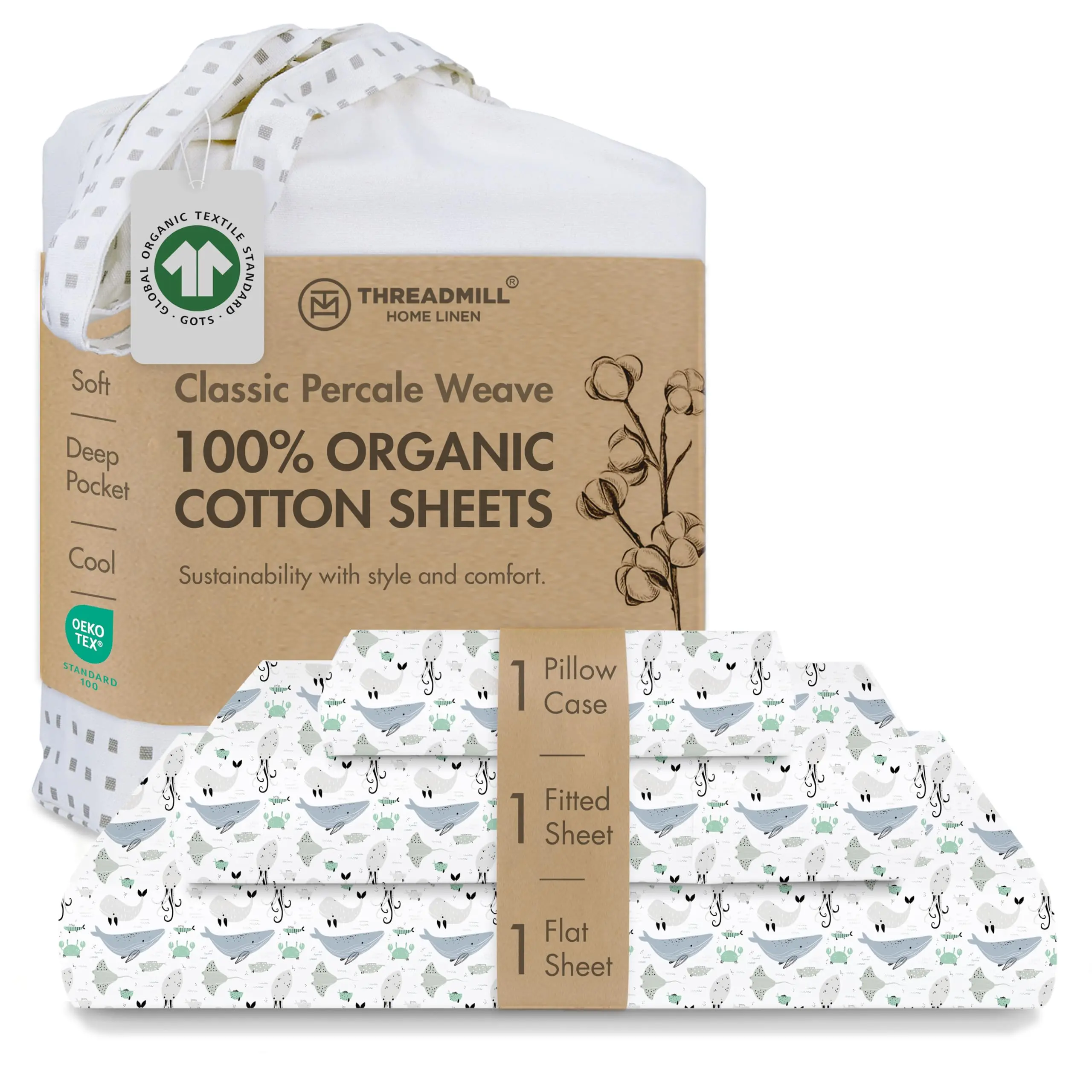 Threadmill Home Linen 3-Piece Organic Cotton Percale Cooling Bed Sheets Set - 300 Thread Count, 15" Deep Pocket, Printed Weave, Soft Breathable Bedding, Softens Each Wash, for Eco-Conscious Shoppers, Percale Weave, Cooling Bedding, Breathable Percale