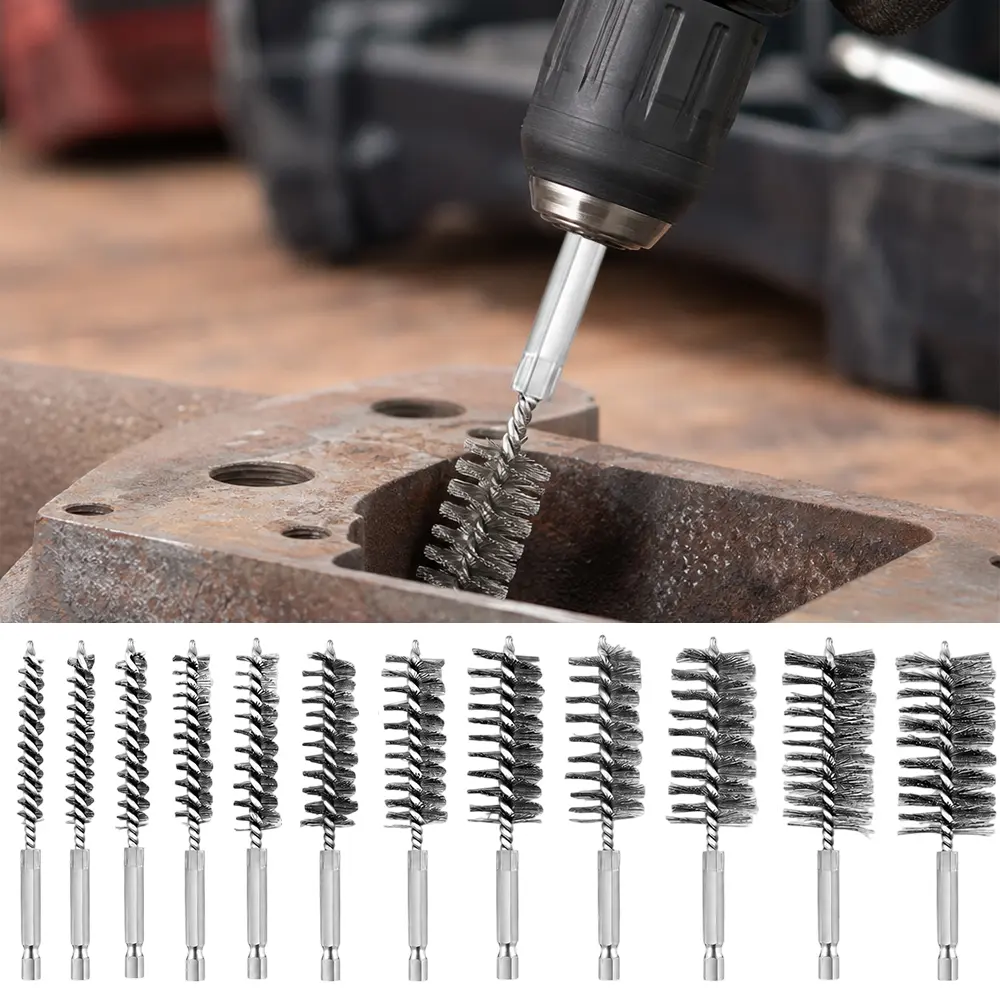 12PCS Stainless Steel Wire Tube Brushes in Various Sizes for Deburring Screws And Removing Rust from Threads,Featuring a 1/4" Hex Shank Design,Ideal for Dusting,Rust Removal,Corrosion Treatment,And Polishing of Pipes,Ports