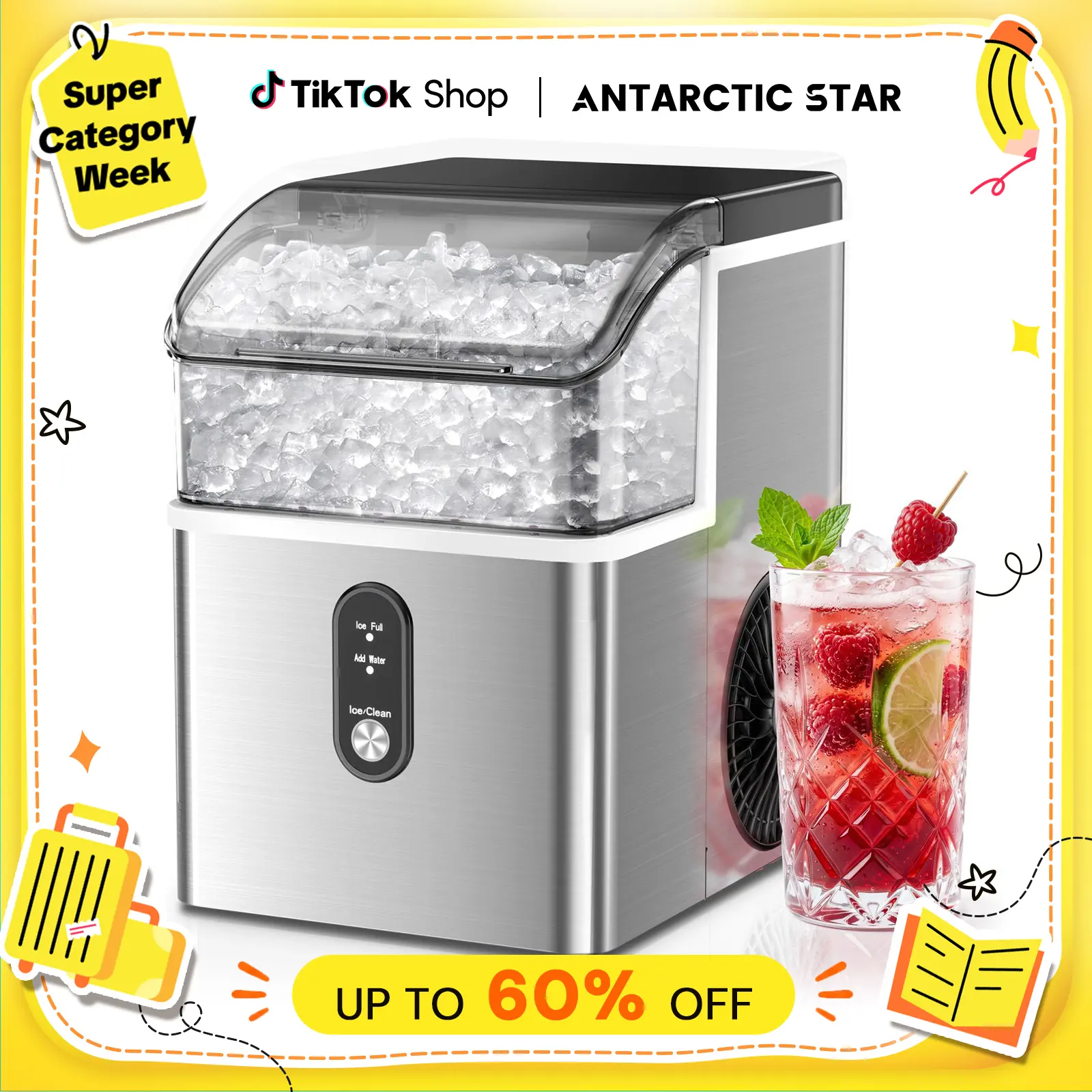 Antarctic Star Nugget Countertop Ice Maker with Soft Chewable Pellet Ice, Pebble Portable Ice Machine, 34Lbs/Day, Self-Cleaning, Sonic Ice Maker, One Button Operation, for Kitchen,Office Stainless Steel Black,back to school,back to school haul
