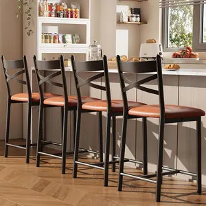 Brown Bar Stools Set of 4, Counter Height Bar Stools with PU Upholstered Seat, Metal Frame Kitchen Bar Chairs with X-Design Back and Footrest for Kitchen Island, Counter Bar, Dining Room