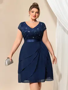 【Plus Size】missmay Plus Size Women's Elegant V-Neck Sparkly Sequin Lace Ruffle Tiered Chiffon Cocktail Party Dress, Floral Garment with Zipper & Cap,summervibes