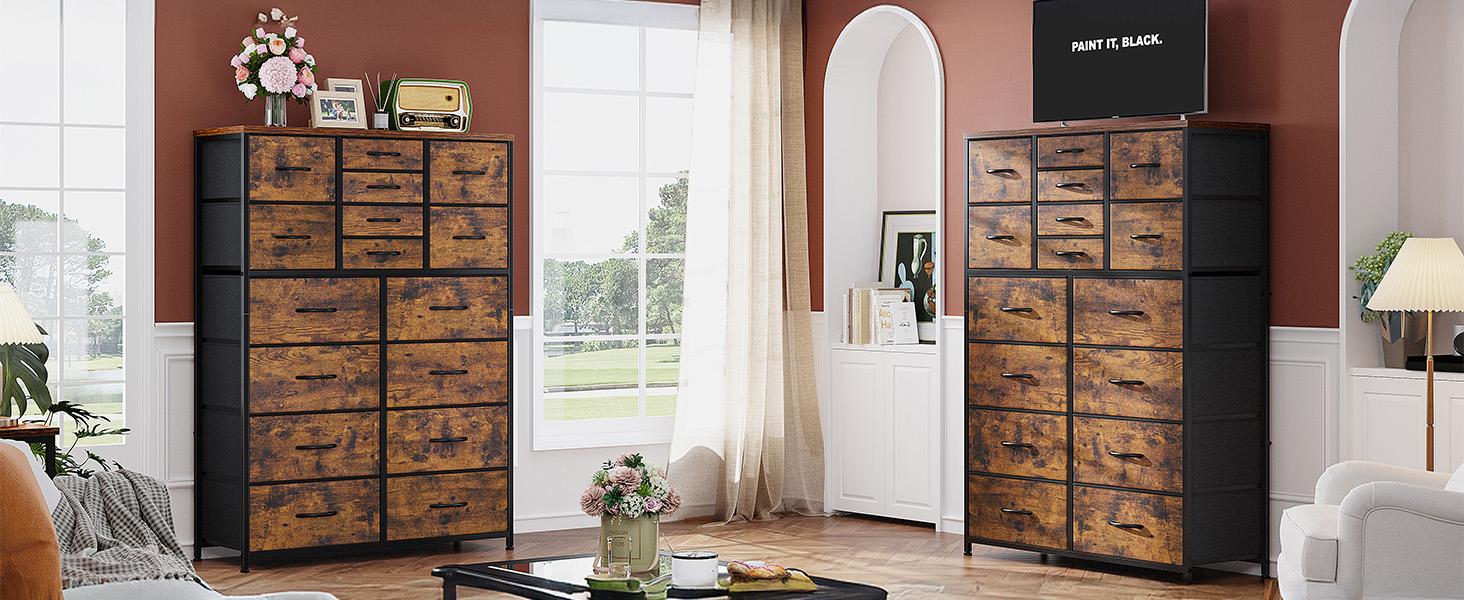 Raybee Furniture Dresser with 16 Drawers, Tall Dressers with Wood Top and Metal Frame, Large Dressers & Chest of Drawers for Bedroom, Closet, Living Room