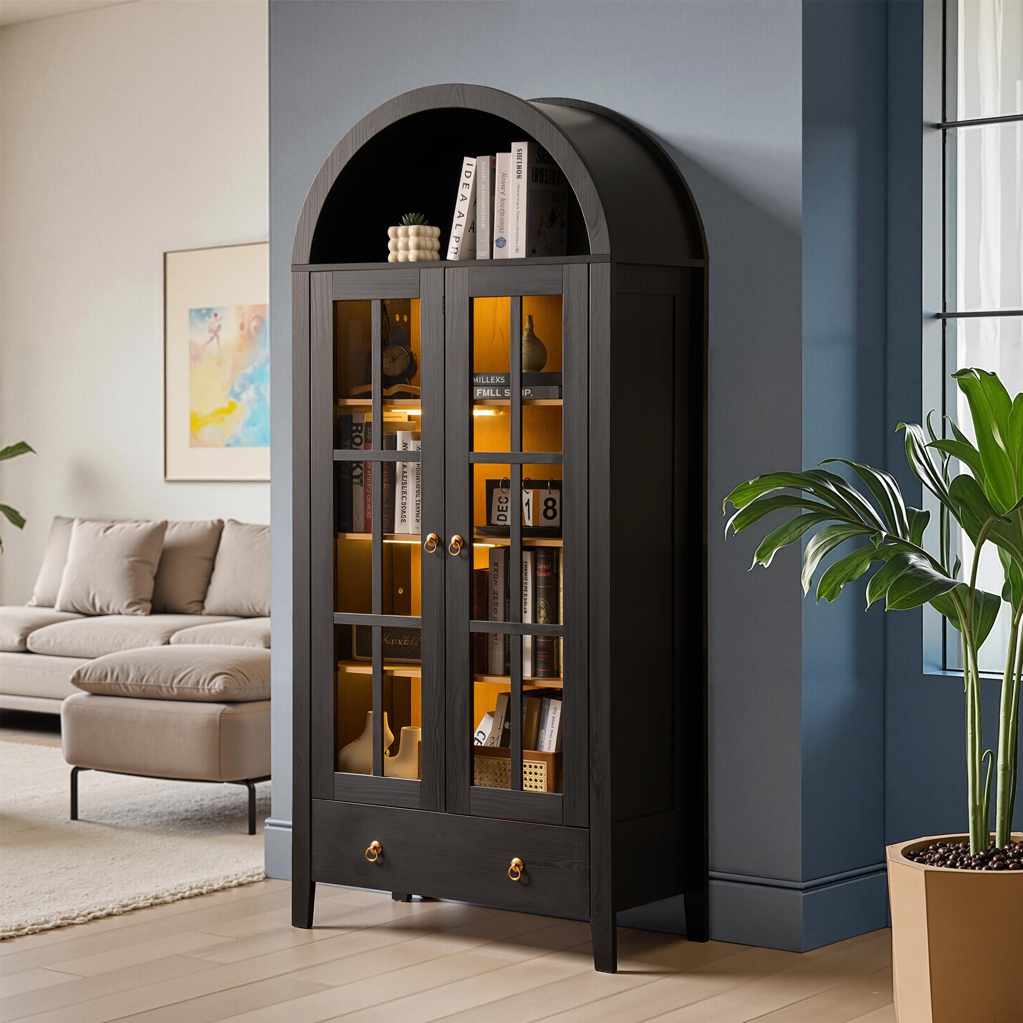 【Stock Up Sale】Ovios 71" Tall Arched Kitchen Pantry with Glass Door & Magnetic LED Lights, Modern Farmhouse Deep-Drawer Livingroom Storage Cabinet, Eco Wood Panel, Cupboard for Kitchen/Dining/Bathroom/Toy