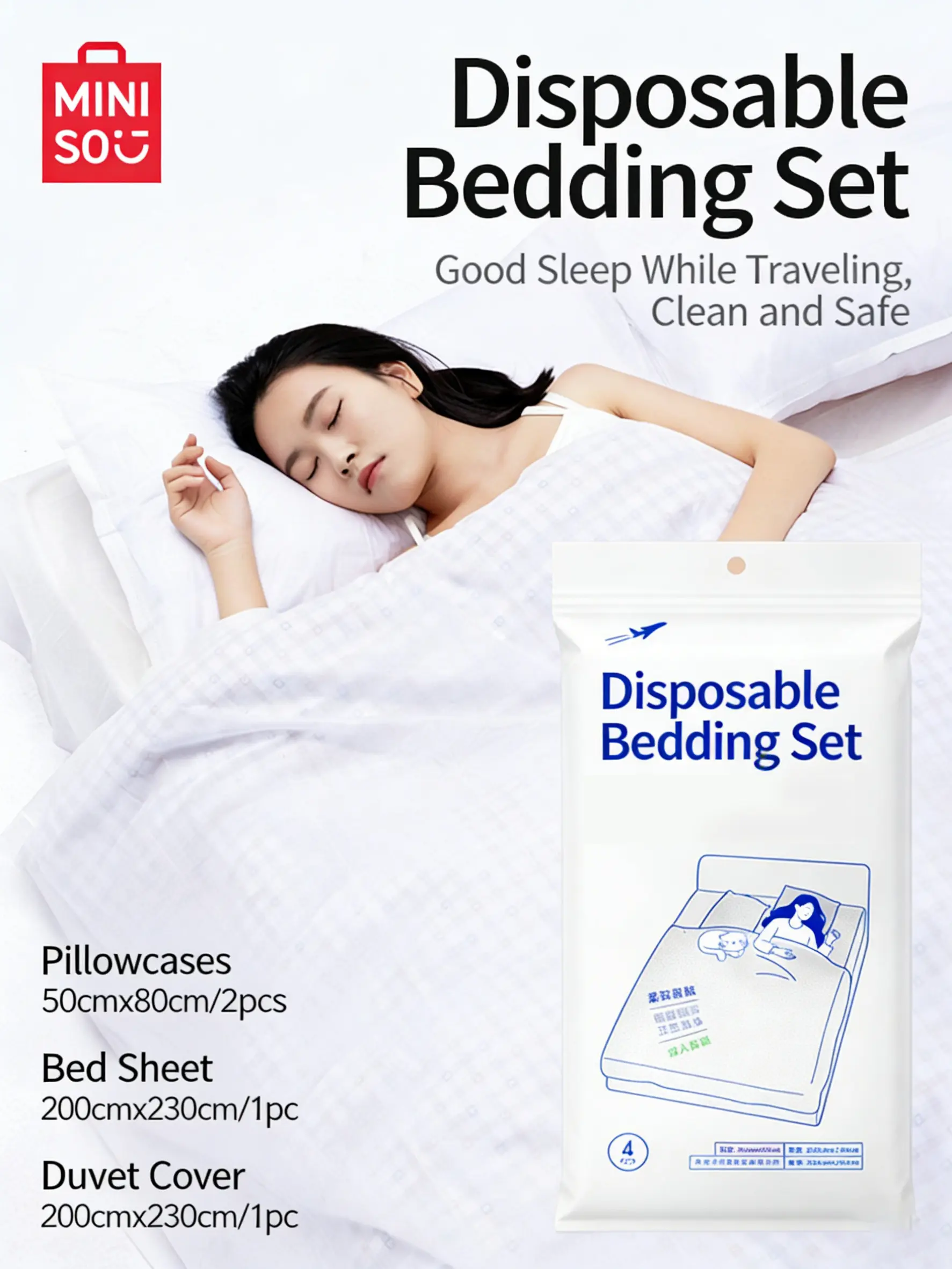 MINISO 4-Piece Disposable Bedsheet Set - Pillowcases, Duvet Cover, Travel & Hotel Bedding Sets Essentials, Ideal Gift for Mom, Bedsheet Sets, Back-to-School Gifts