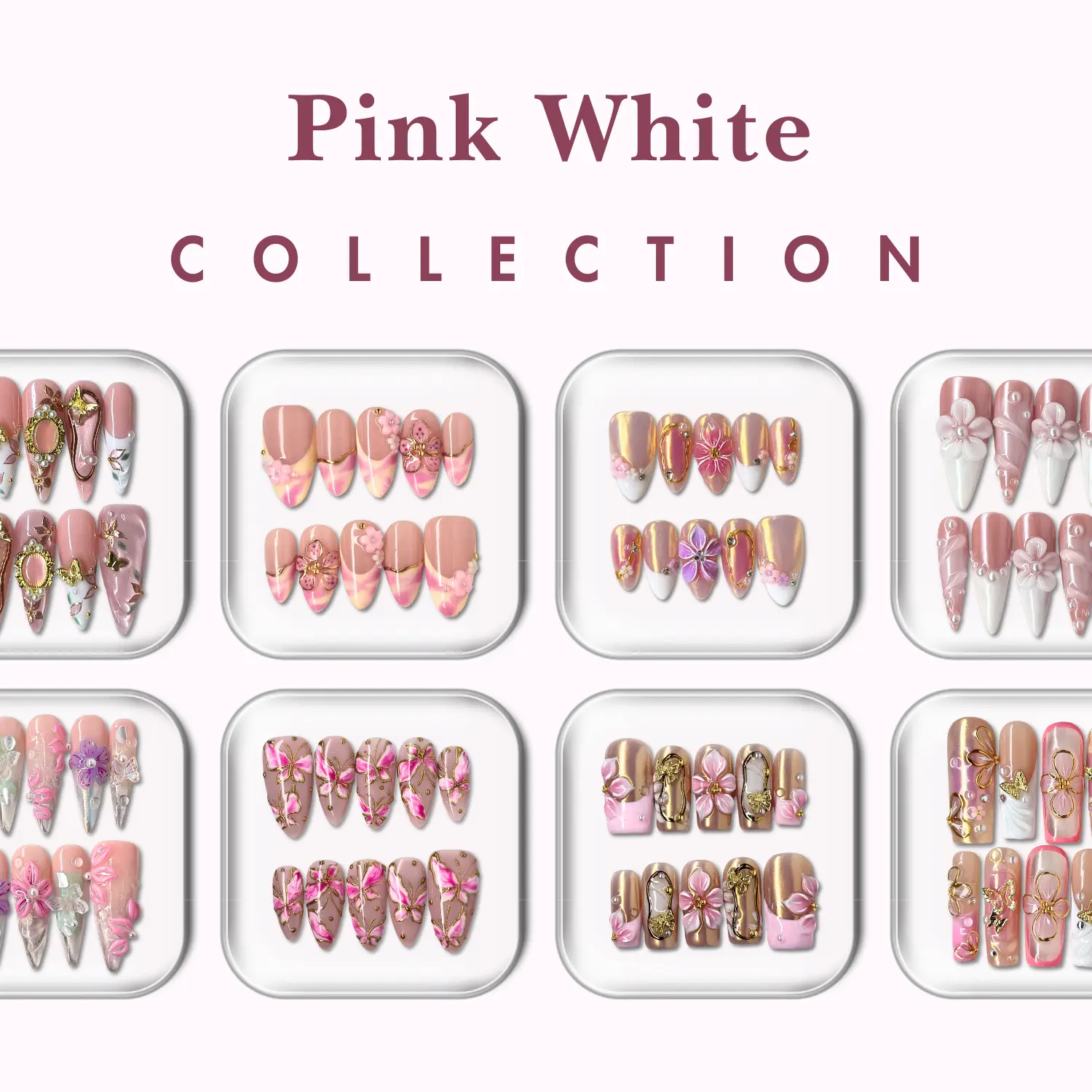 NailPhoria PINK / WHITE Collection - Handmade Press-On Nails | Reusable, Salon-Quality, Long-Lasting, Glossy Design
